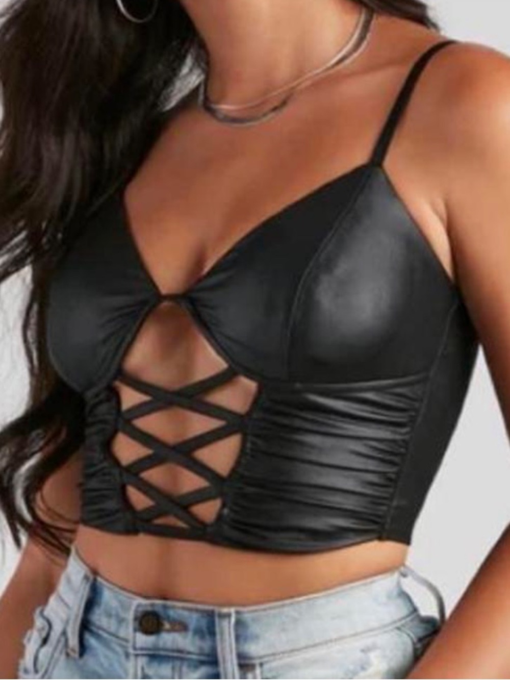 Windsor Black Satin Criss Cross Crop Top Size Small